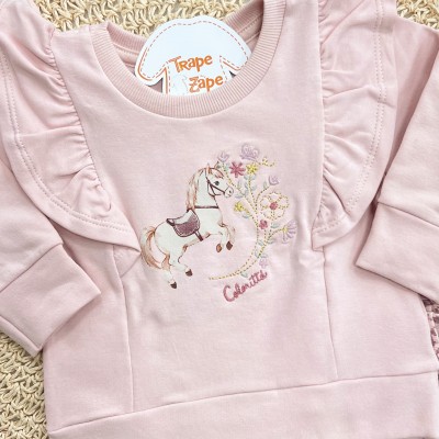 Conj. Casaco de Moletom Cavalinho com Flores Bordadas e Calça Legging - Rose